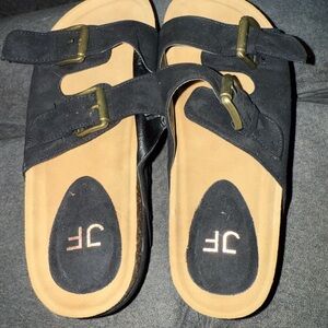 JustFab Black Sandals with Gold Buckles